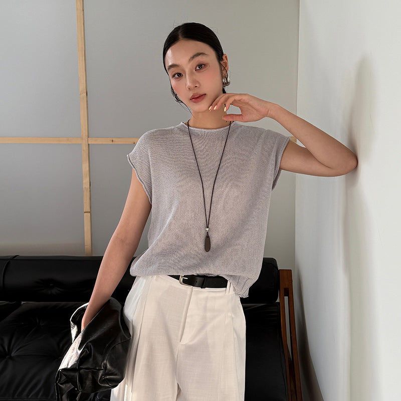 Spring small flying sleeves texture imported and gauze crew neck knit top
