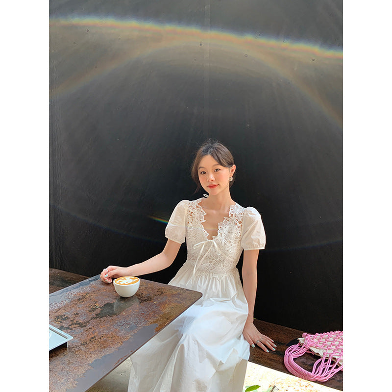Summer French Stunning Waist Lace Heavy Industry Short Sleeve Dress
