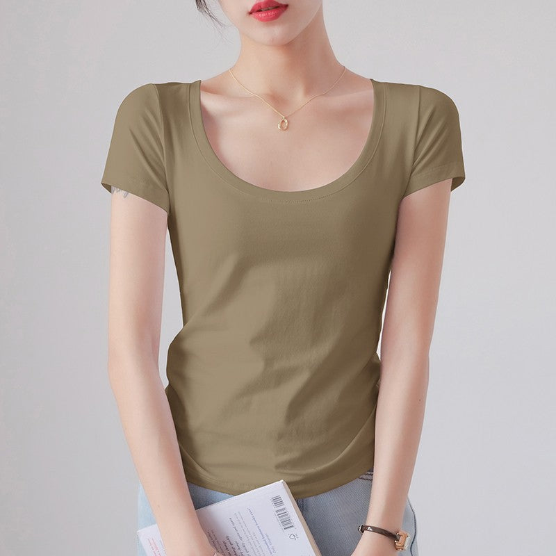 Round Neck Short Sleeve T-Shirt Women Slim Fit Cotton Base Layer Top