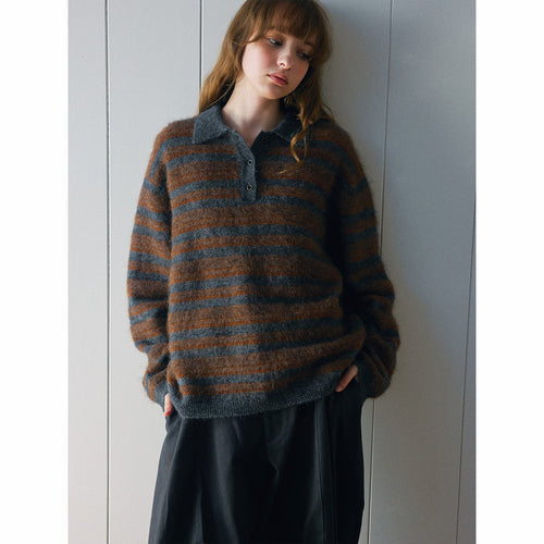Autumn new casual polo collar high proportion alpaca hair versatile contrasting striped sweater