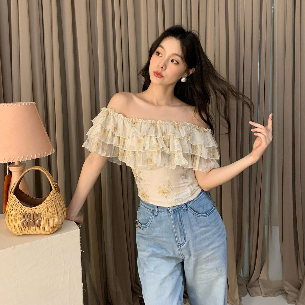Sweet age reduction two wear ruffle leaf edge splicing floral shirt