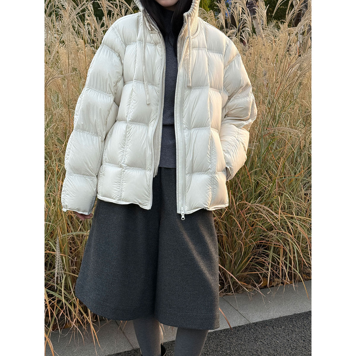 Premium sense knitted hooded splicing 90 white duck down jacket women's winter fake two-piece puff down jacket