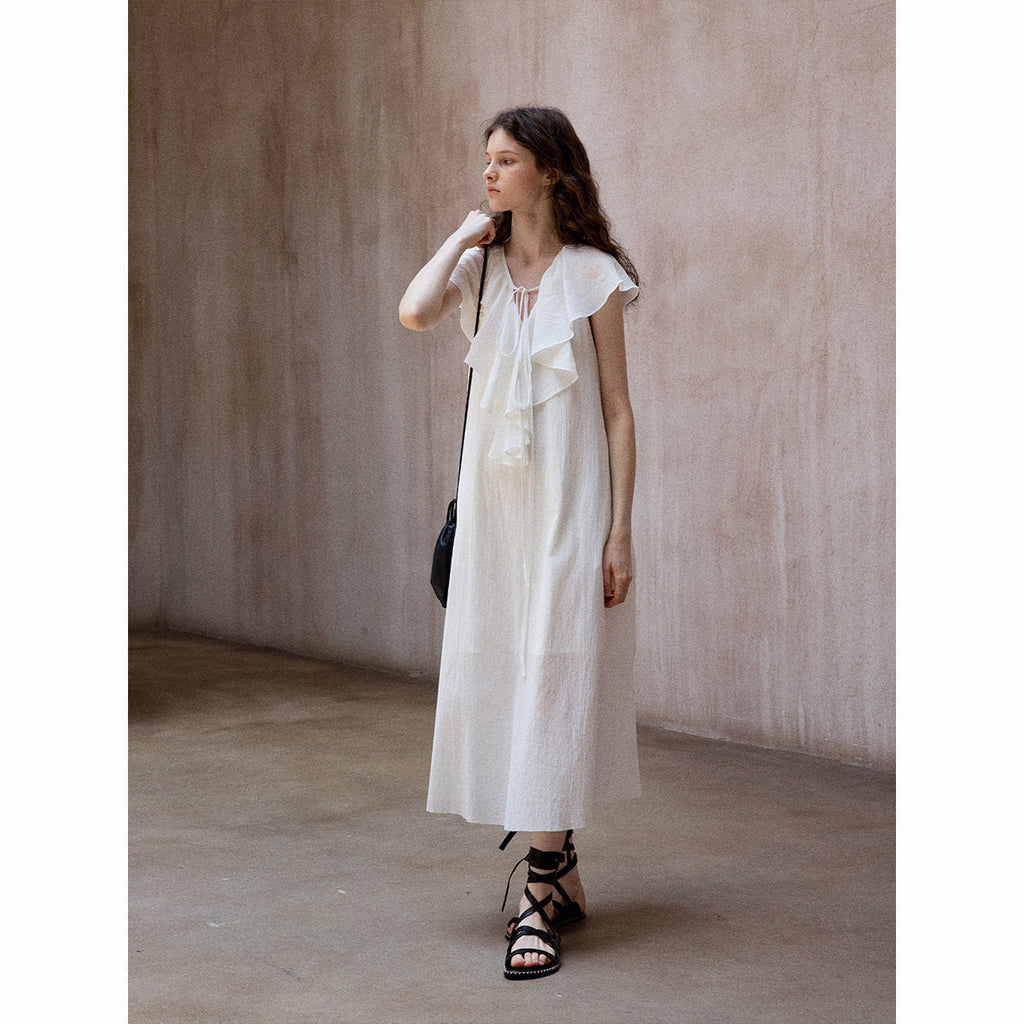 Pure cotton loose design ruffle edge minimalist and thin sleeveless V-neck lace-up dress