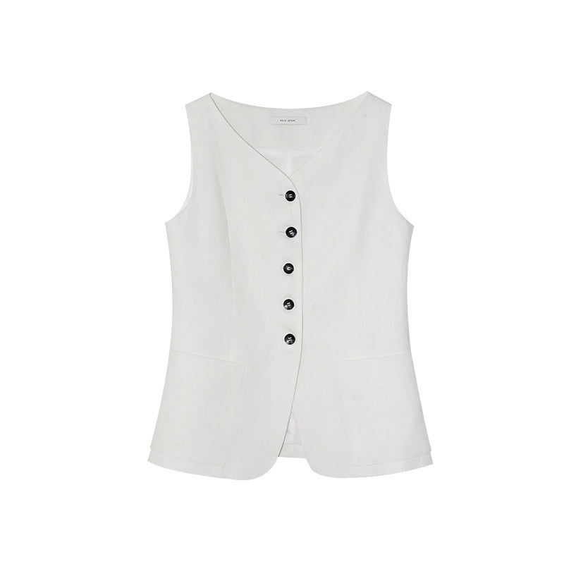 Early spring old money texture sleeveless linen single-breasted vest vest top