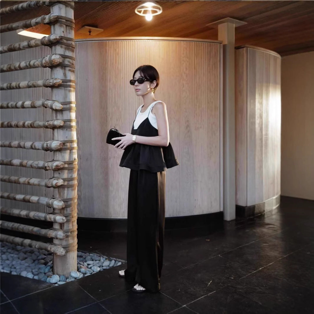 Spring and summer Kochi style gentle and lazy fashionable suspenders pants vacation casual loose and thin suit