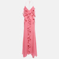 Split fork deep V neck suspender skirt backless pink ruffle edge long skirt