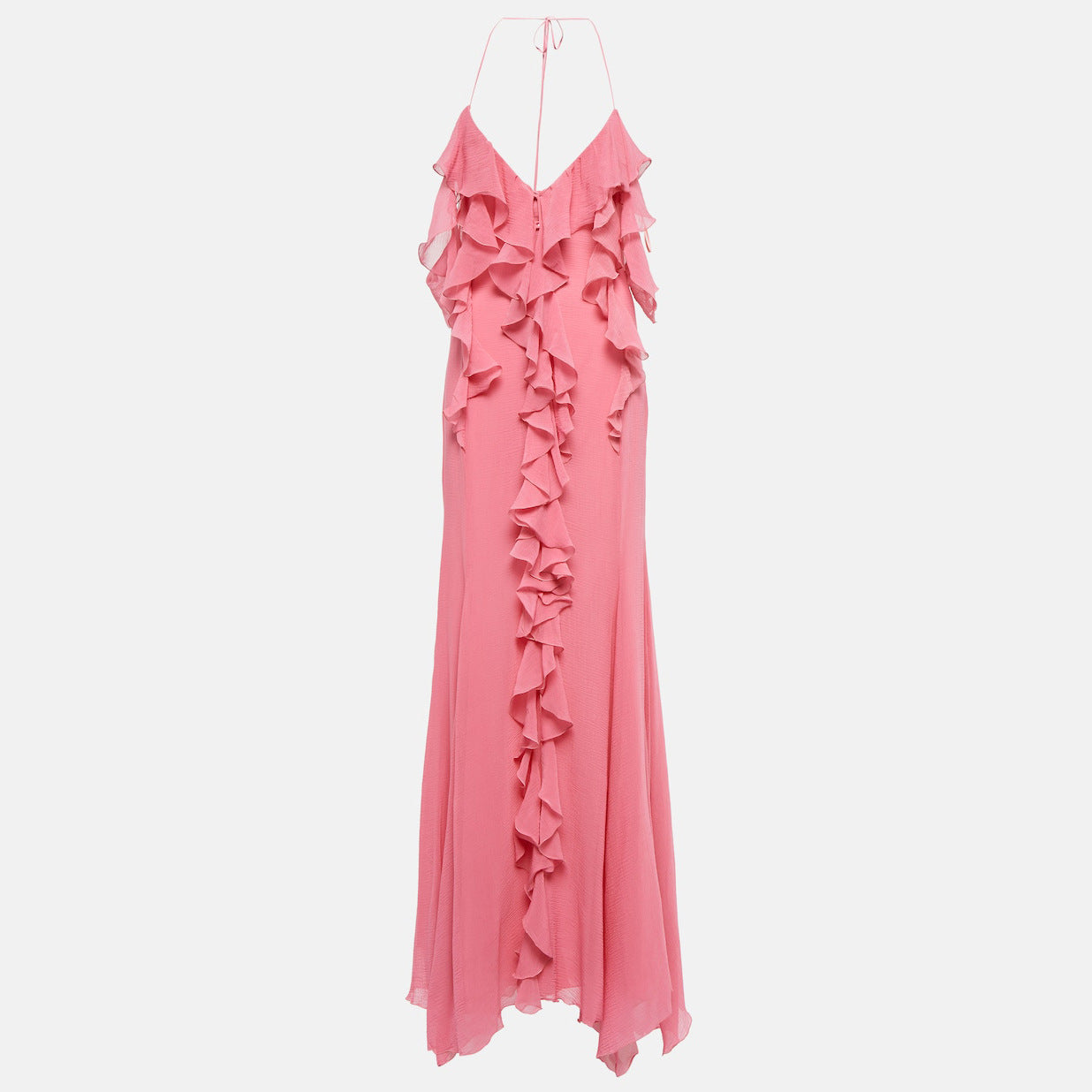 Split fork deep V neck suspender skirt backless pink ruffle edge long skirt