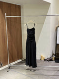 Sleeveless Pleated Dress Women Mid Waist Spaghetti Strap Maxi