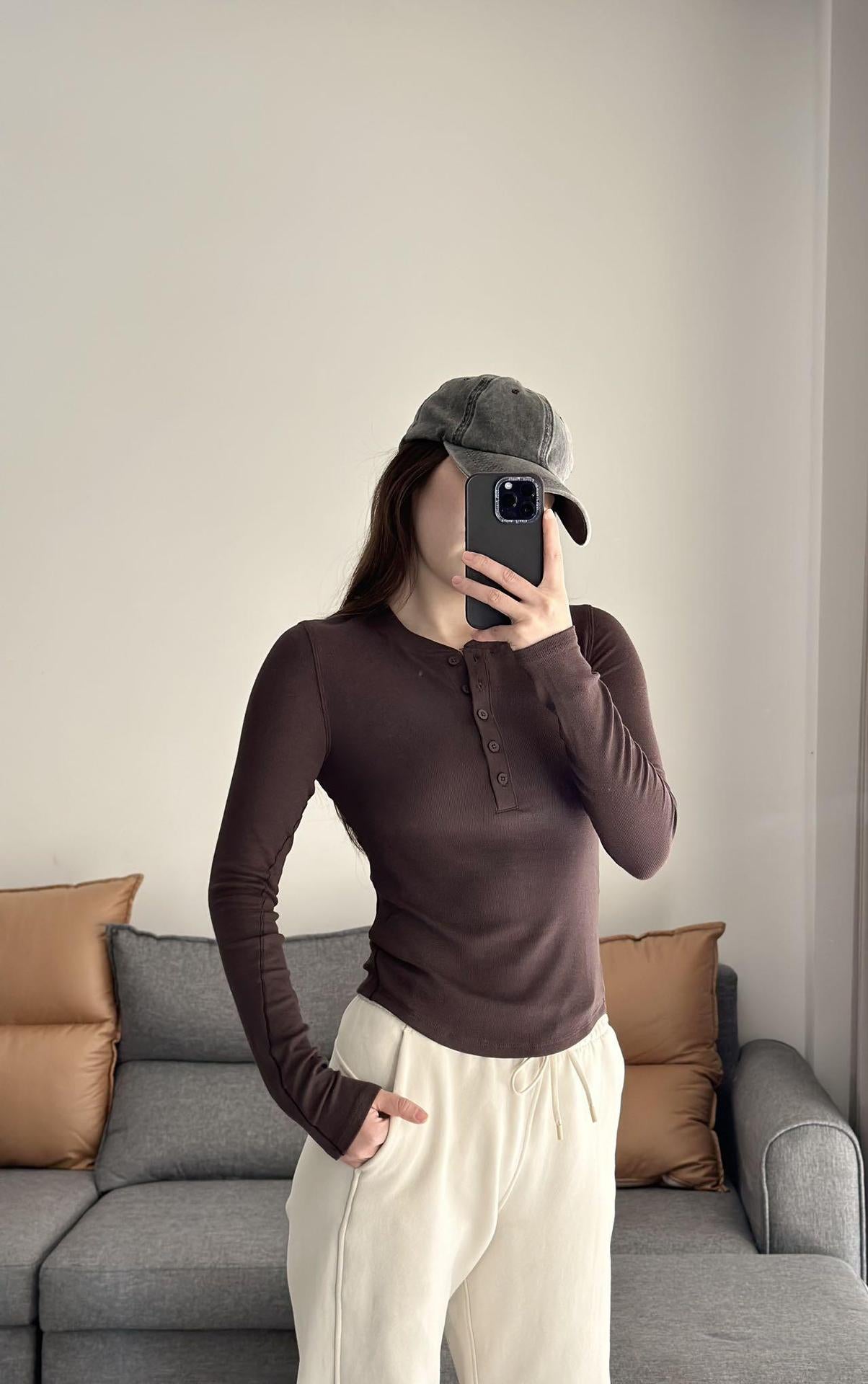 Long Sleeve Henley Shirt Women Slim Fit Elastic Knitted T-Shirt