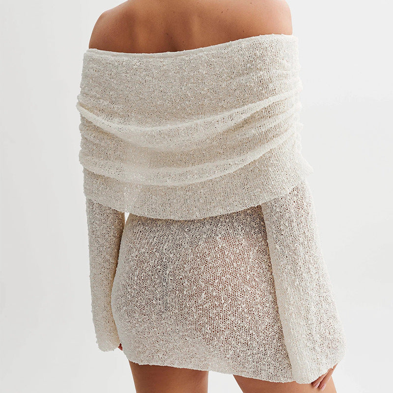 Holiday style hollow one-word shoulder dress women's long-sleeved beach skirt