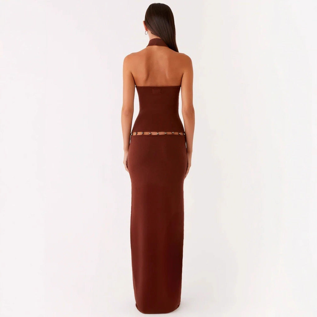 Sexy backless neck hip skirt slim fit Spice girl splicing knitted dress