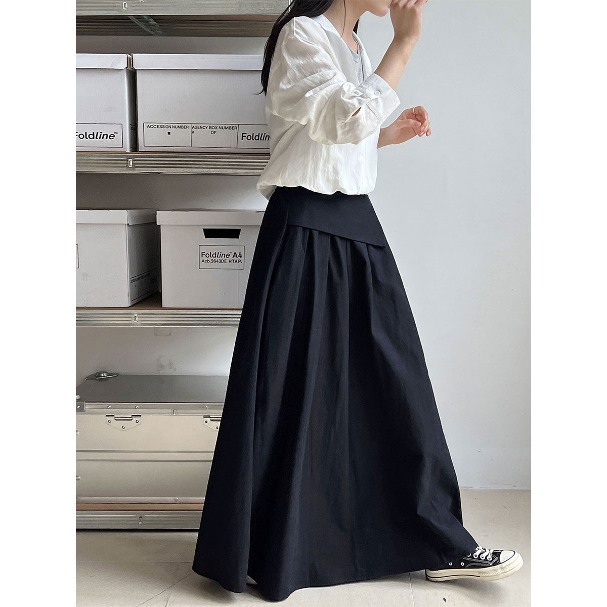 French design skirt autumn elastic waist irregular A-shaped skirt pleated long skirt