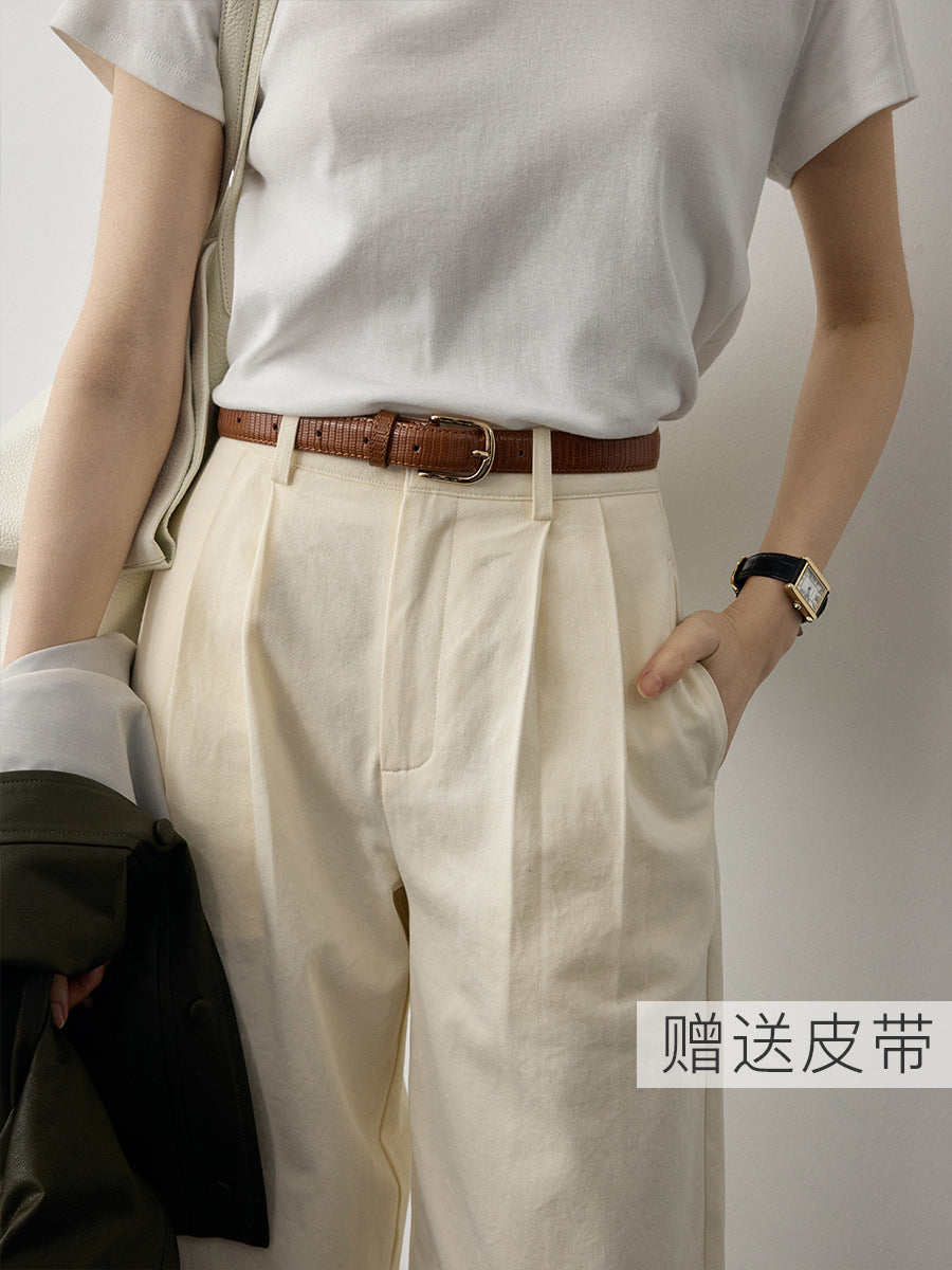 High-waisted straight-leg meat-covering and thin casual pants with belt