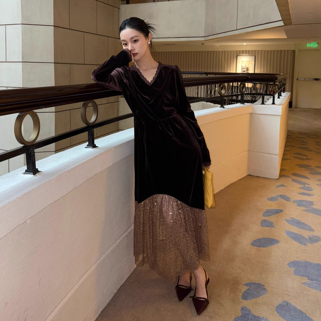 French elegance temperament heavy industry sequined evening dress velvet dress