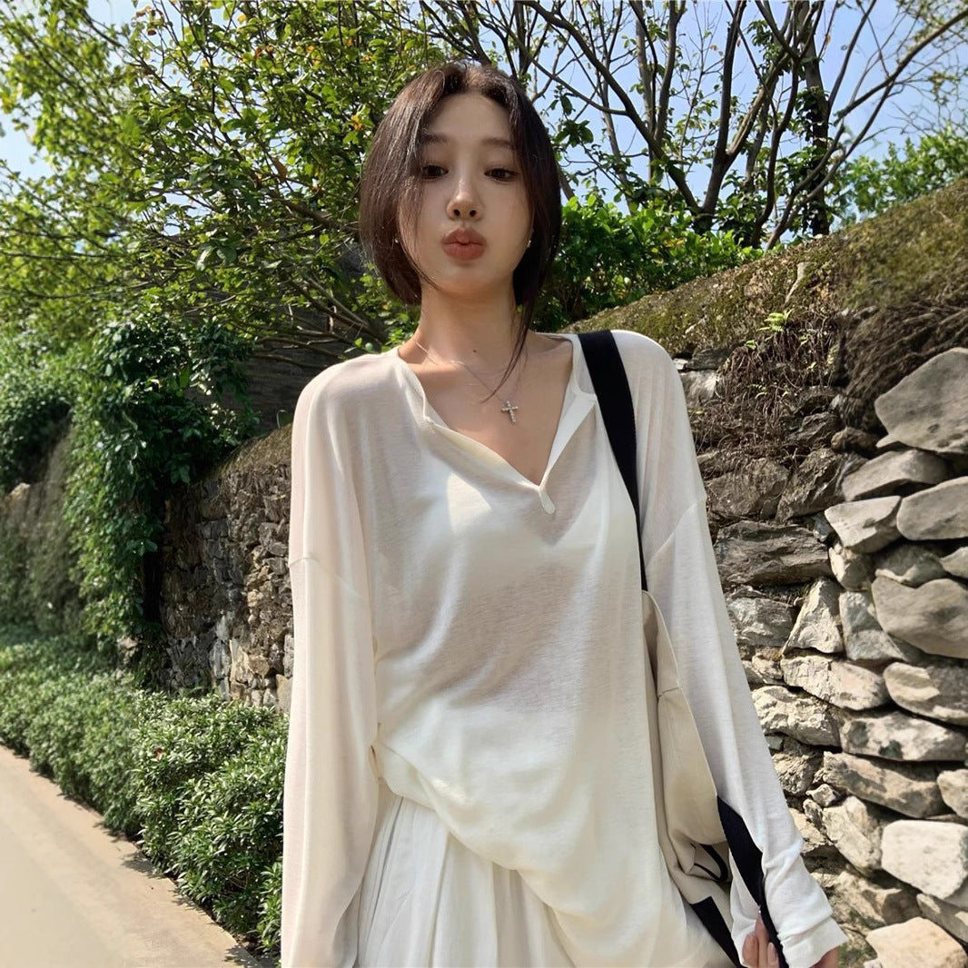 V-Neck Long Sleeve T-Shirt Women Loose Fit Ribbed Sheer Cover-Up