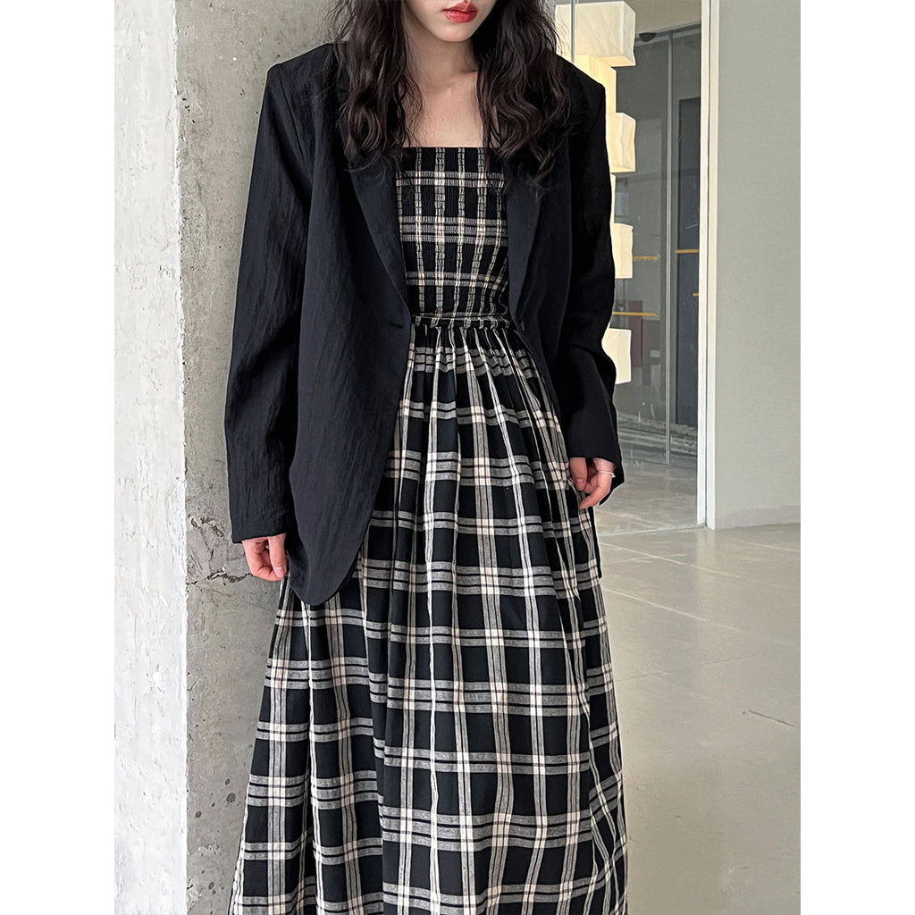 Retro plaid tube top suspender dress for women's summer high-end elastic waist A-shaped long dress