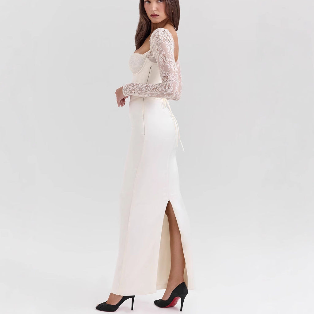 Long skirt with open back lace-up slit