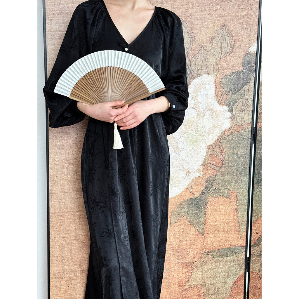 Button national style new Chinese dress medium and long knee lazy improved cheongsam jacquard skirt