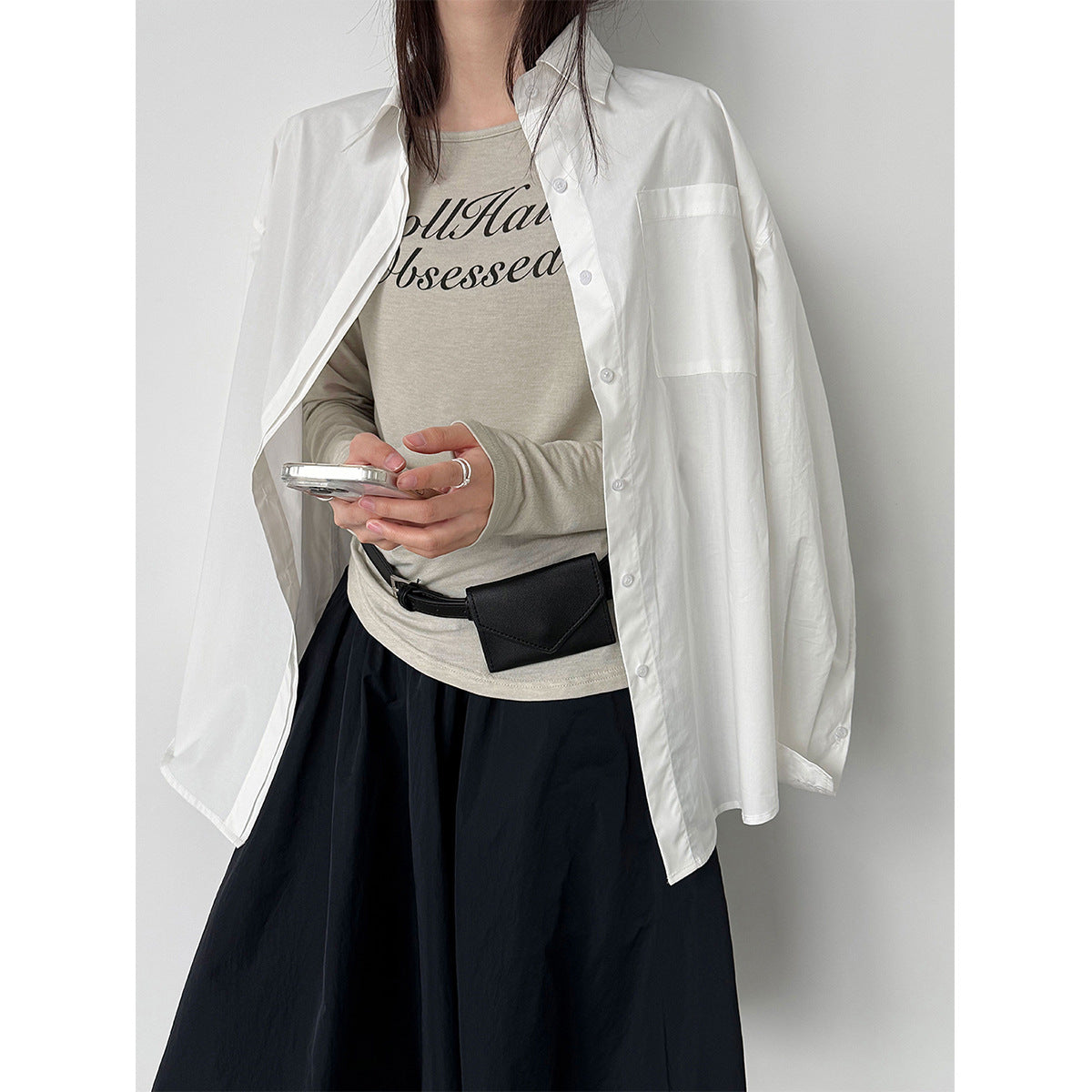 Irregular letter-printed slim-fit bottoming shirt Thin pleated Tencel wool long-sleeved T-shirt