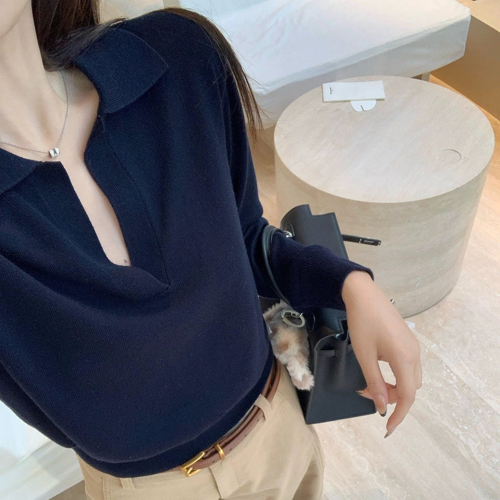 Polo Collar Knitted Sweater Women Loose Fit Long Sleeve Casual Top