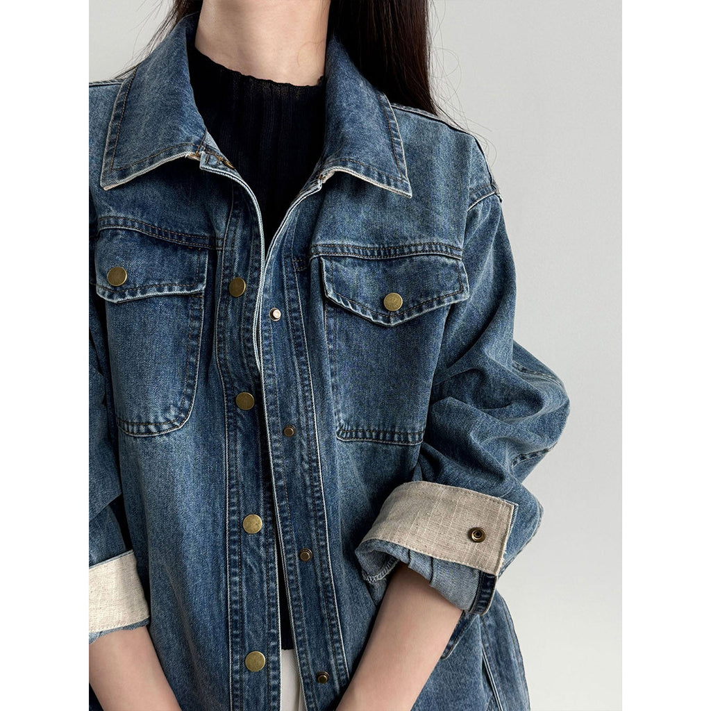 Vintage washed denim jacket women's spring new lapel lace-up waist jacket top