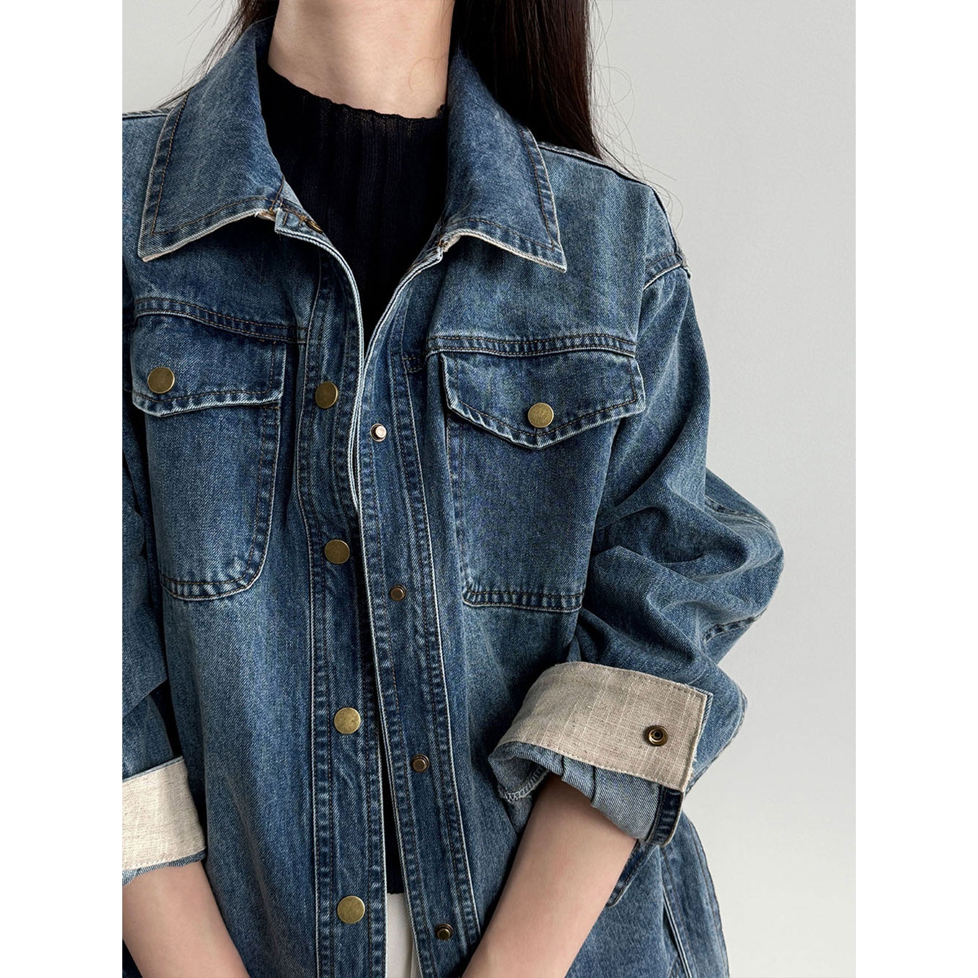 Vintage washed denim jacket women's spring new lapel lace-up waist jacket top