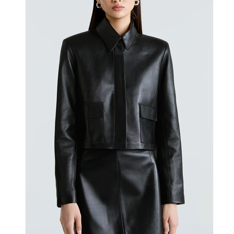 Lapel leather jacket jacket women's autumn and winter long-sleeved short trench coat
