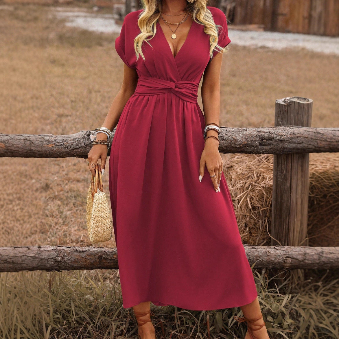 Women's Summer Solid Color Waist V-Neck Bat Sleeve Waist Folds Long Elegant Dress