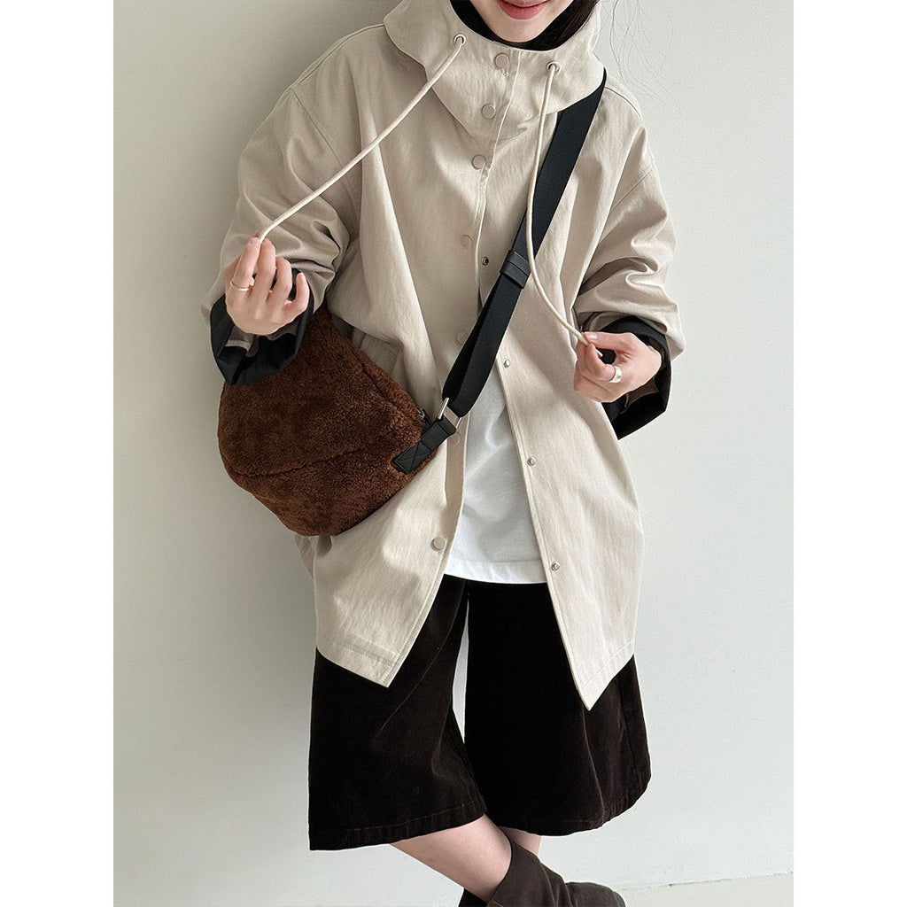 Korean simple contrasting color splicing cuffs casual autumn new hooded loose trench coat