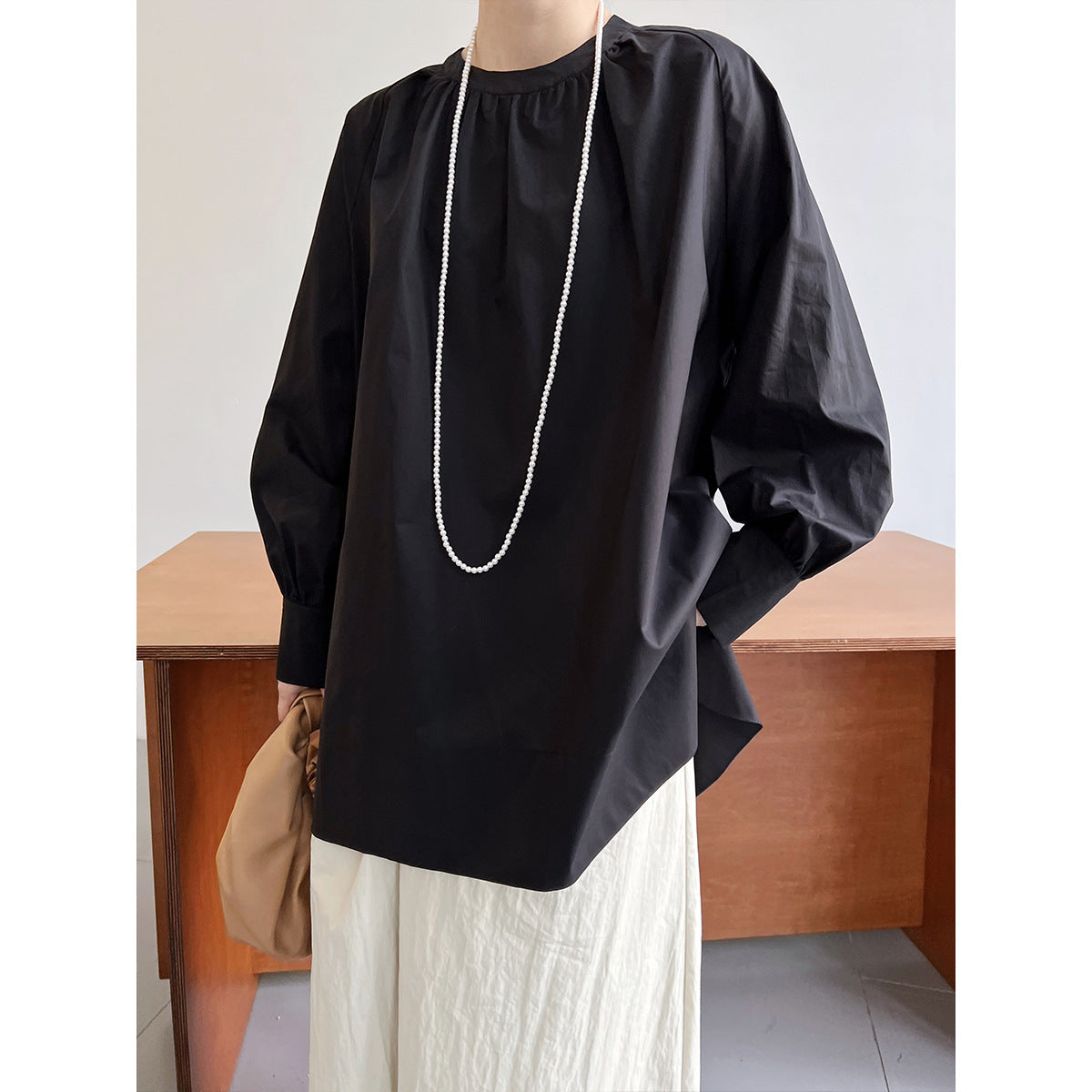 ins Korean loose and lazy basic round neck pleated shoulder sleeves medium and long sunscreen shirt