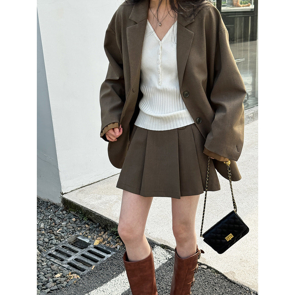 Korean high-end casual suit women's cuff splicing blazer + pleated skirt suit