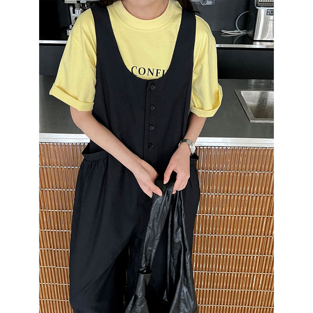 Korean version U-neck wide shoulder strap sleeveless jumpsuit stacked with large pockets casual pants, thin wide-leg trousers