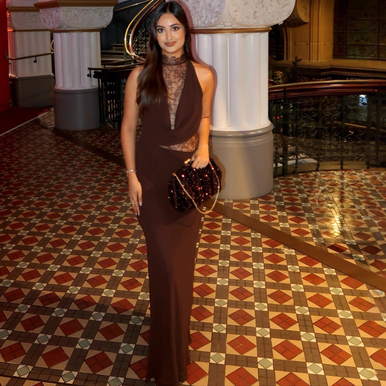 New neck lace splicing hip skirt swing collar sexy dress Spice girl evening dress