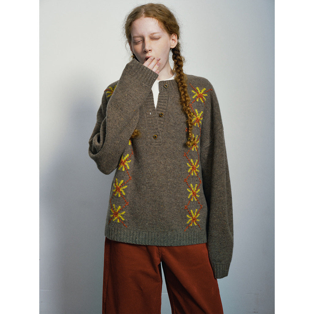 Early spring new casual crew neck hand-embroidered all-wool versatile woolen pullover top