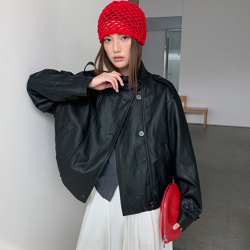 Stand-up collar epaulettes design loose jacket