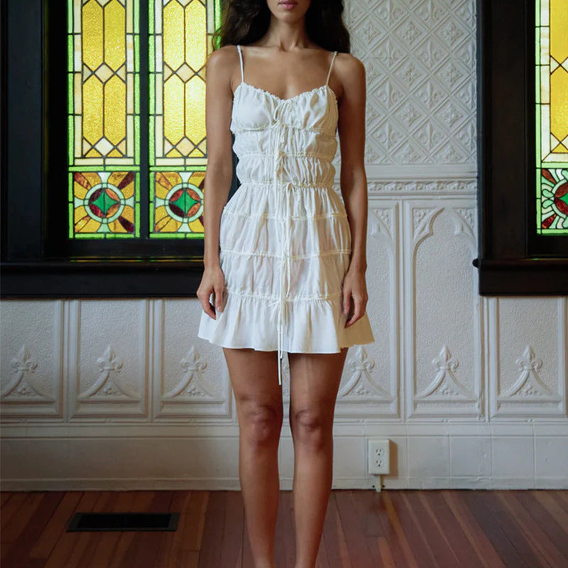 Fashion Vacation Style Splicing Lace Suspender Short Skirt Folds Sexy Dress