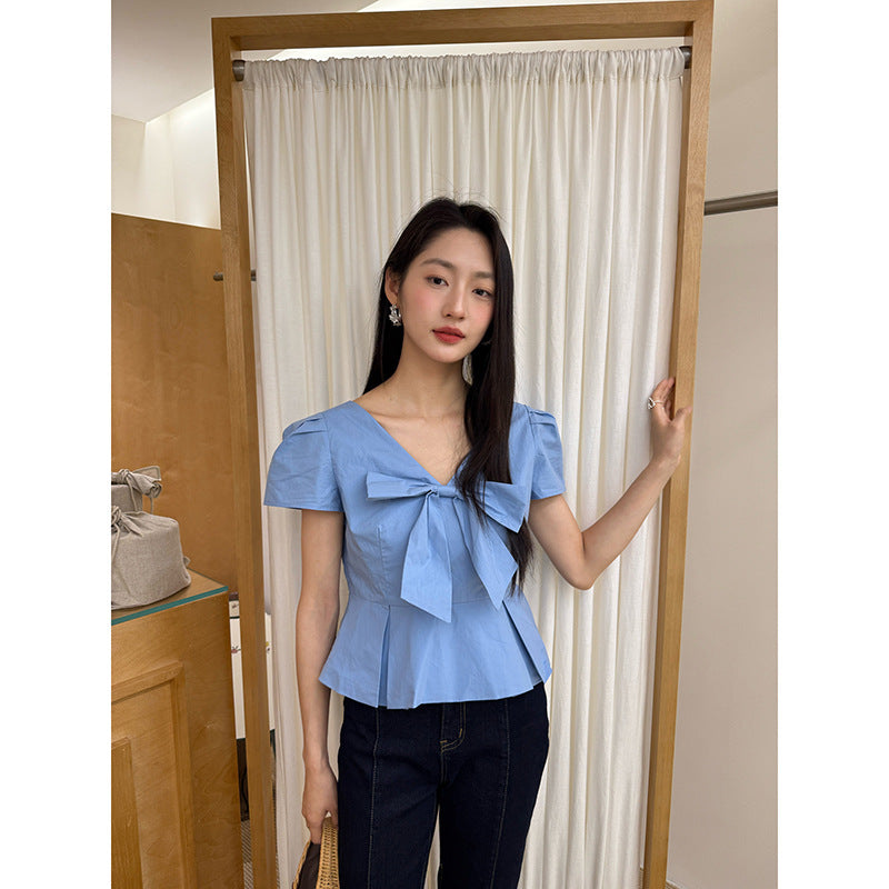 summer French sweet age reduction niche chic bow V-neck top
