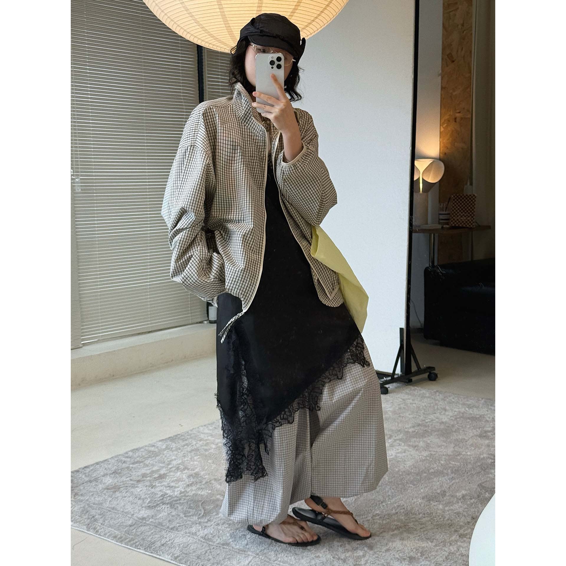New French temperament V-neck eyelash lace slim primer suspender asymmetrical hem top women