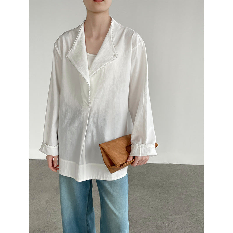 Serrated Lace Semi-Open Collar Loose Long Sleeve Shirt