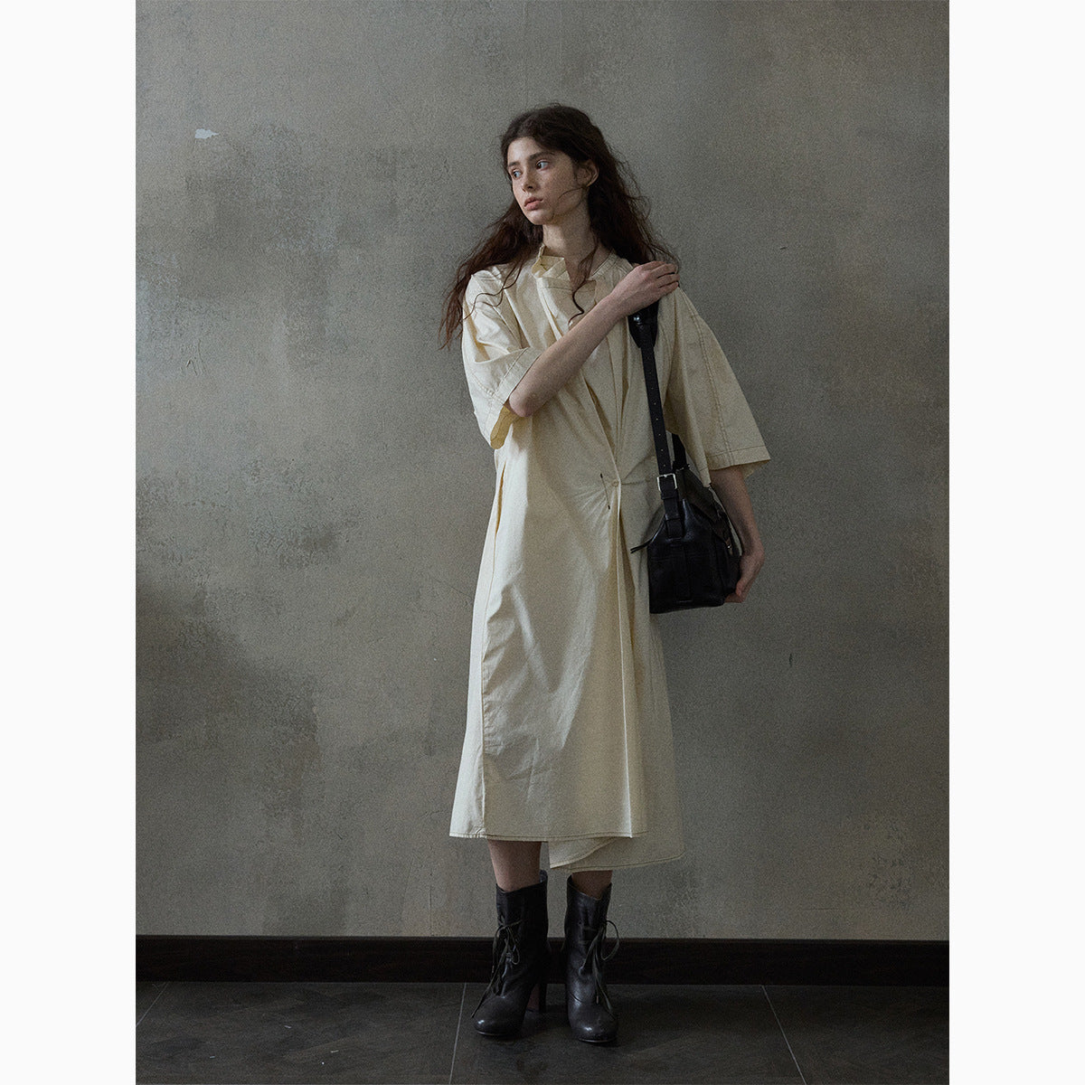 Contrasting color line irregular dress spring and summer new cotton swing collar short sleeve temperament commuting