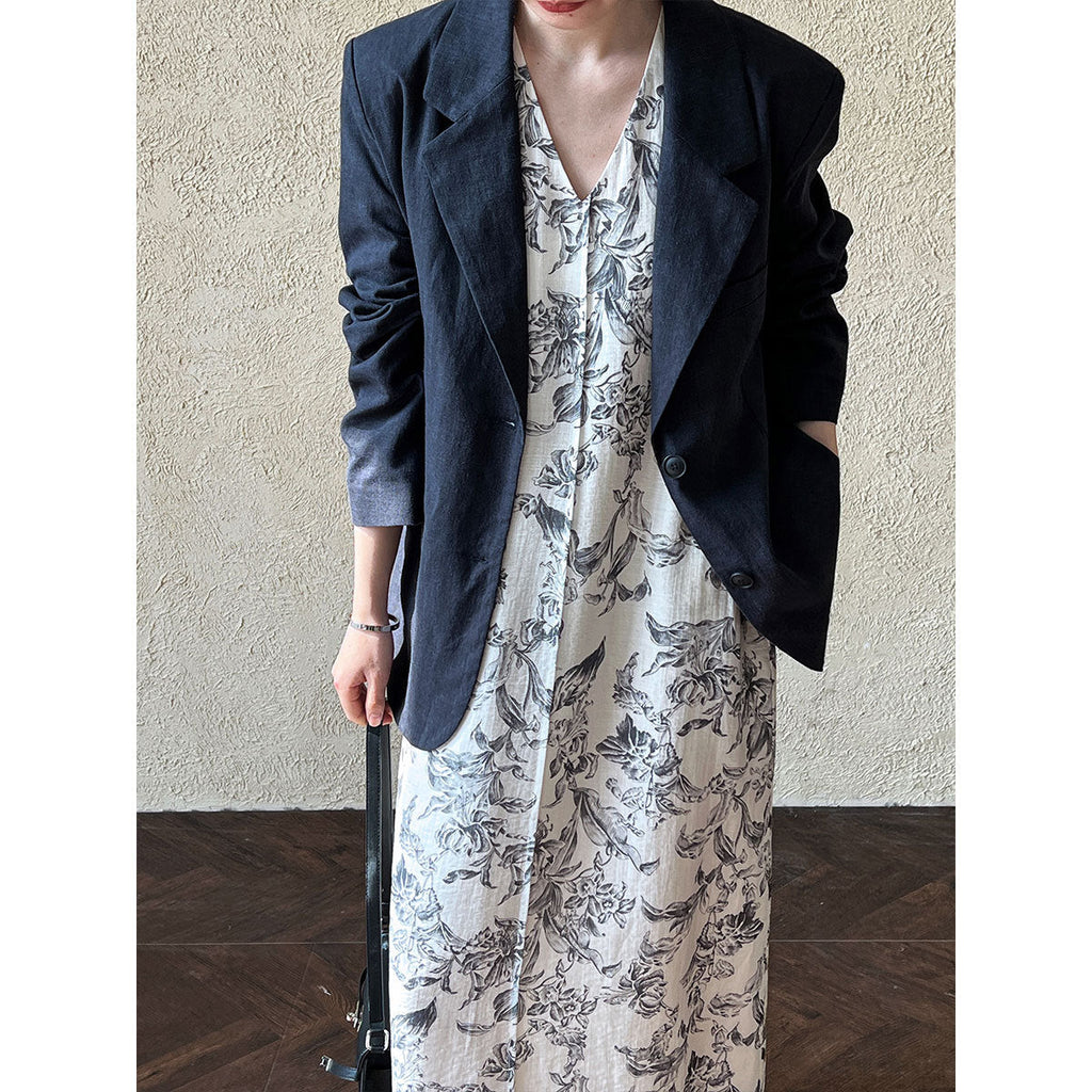 Retro V-neck sleeveless lace-up dress women's spring new loose-print casual vest skirt