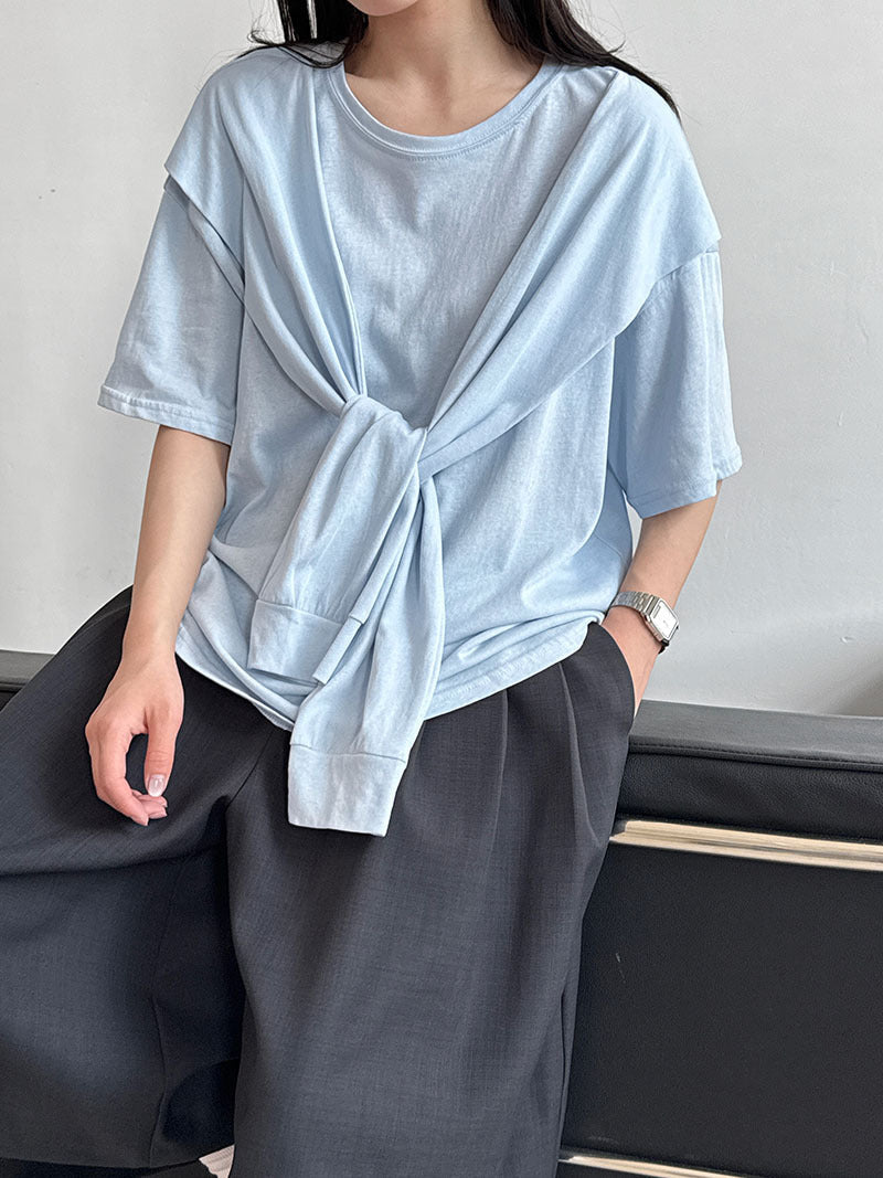 Korean simple fashion shawl fake two-piece T-shirt women's spring and summer new products age-reducing stacked short-sleeved top