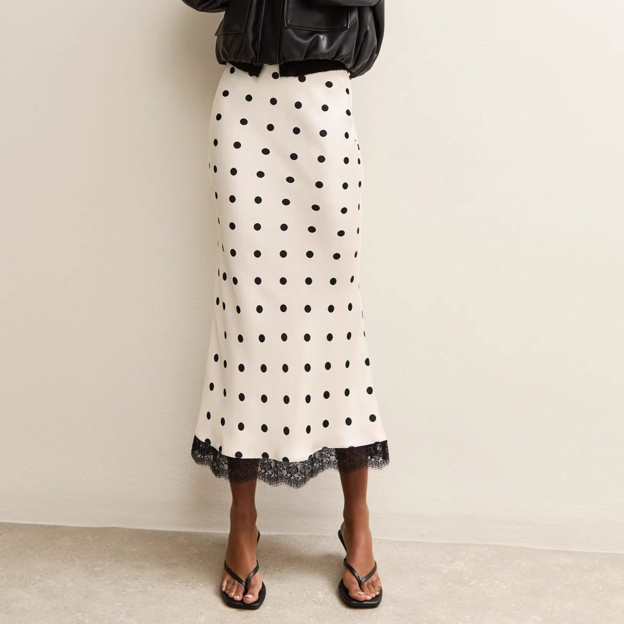 New fashion lace splicing polka dot skirt medium and long straight skirt women's high waist