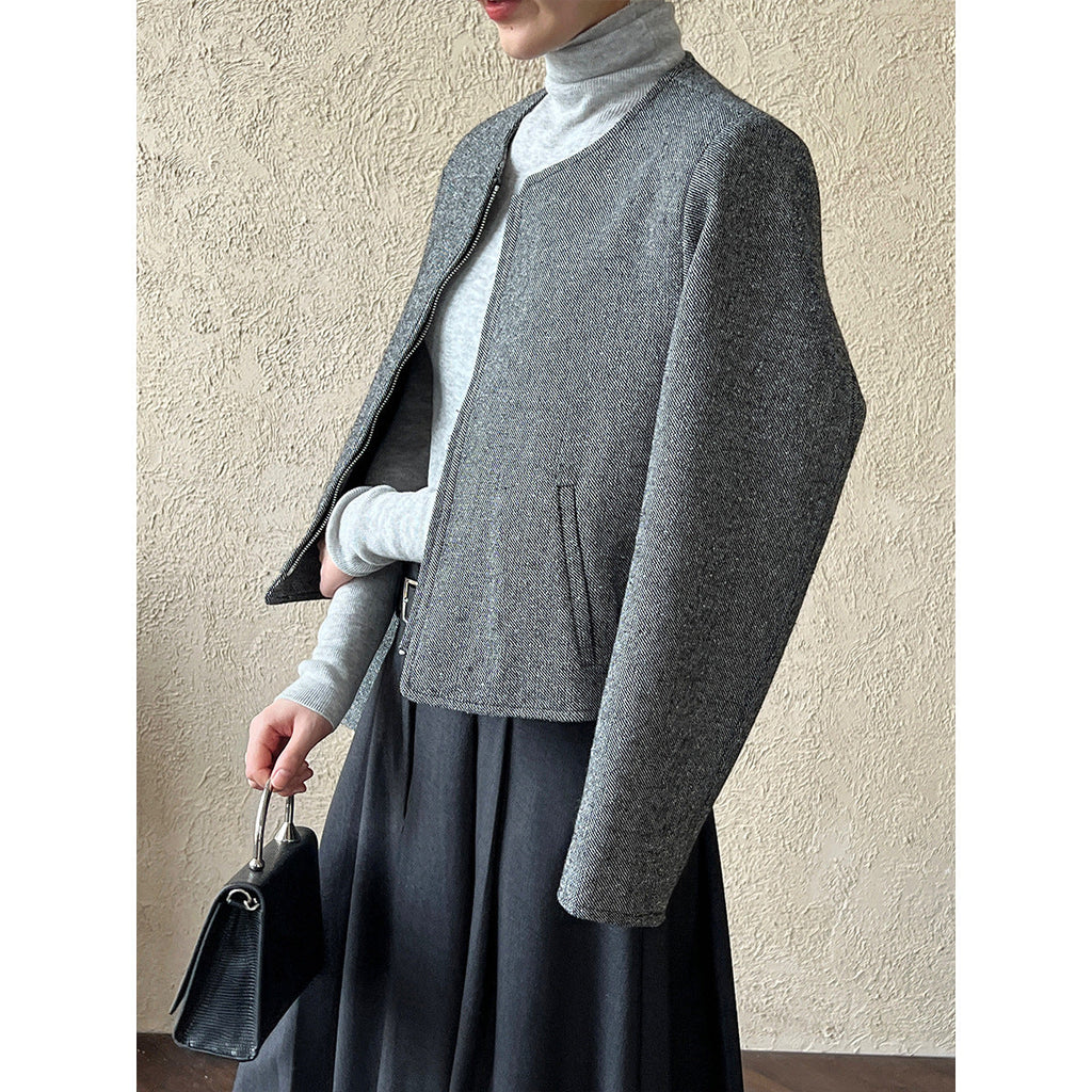 Korean wool woolen round neck small fragrant short coat women's 2025 autumn new zipper jacket top 8698