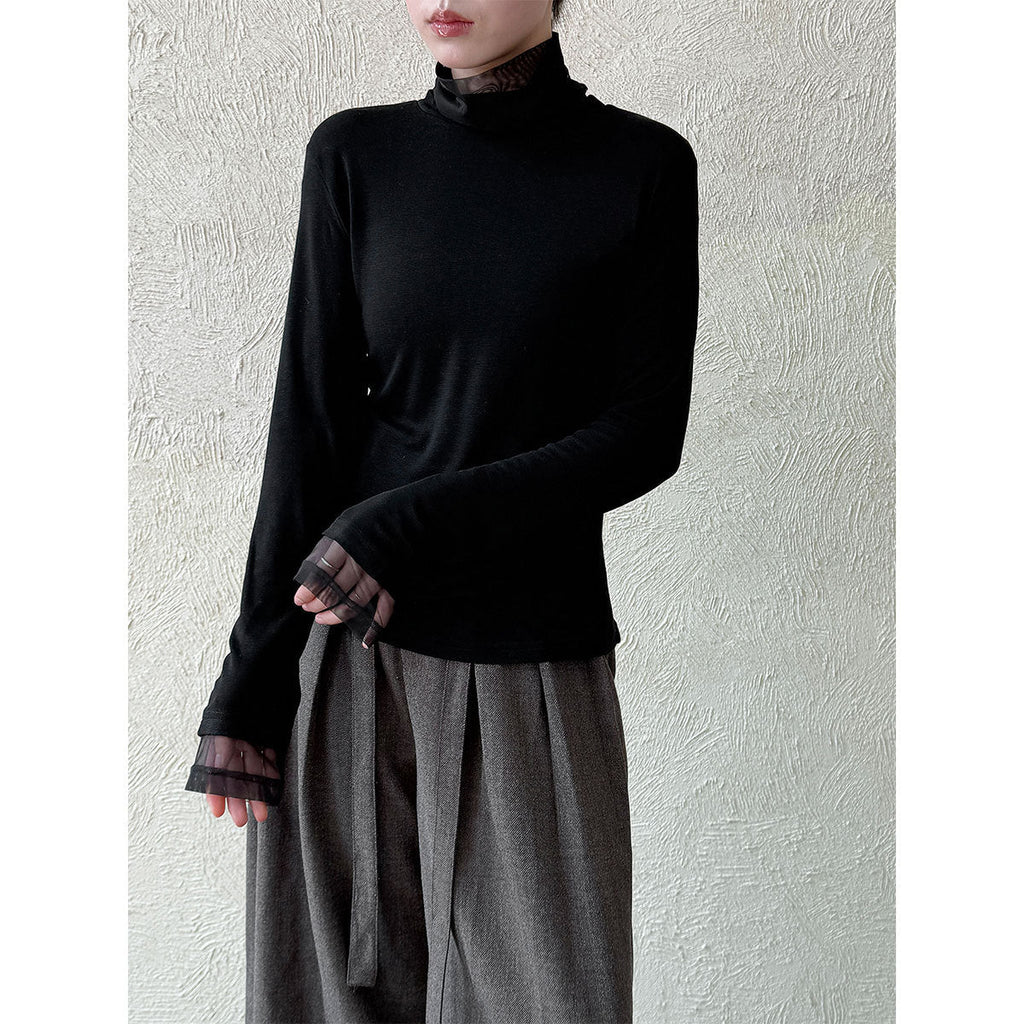 Tencel wool slim-fit pile turtleneck splicing mesh undershirt women's 26 spring shoulder T-shirt 2057