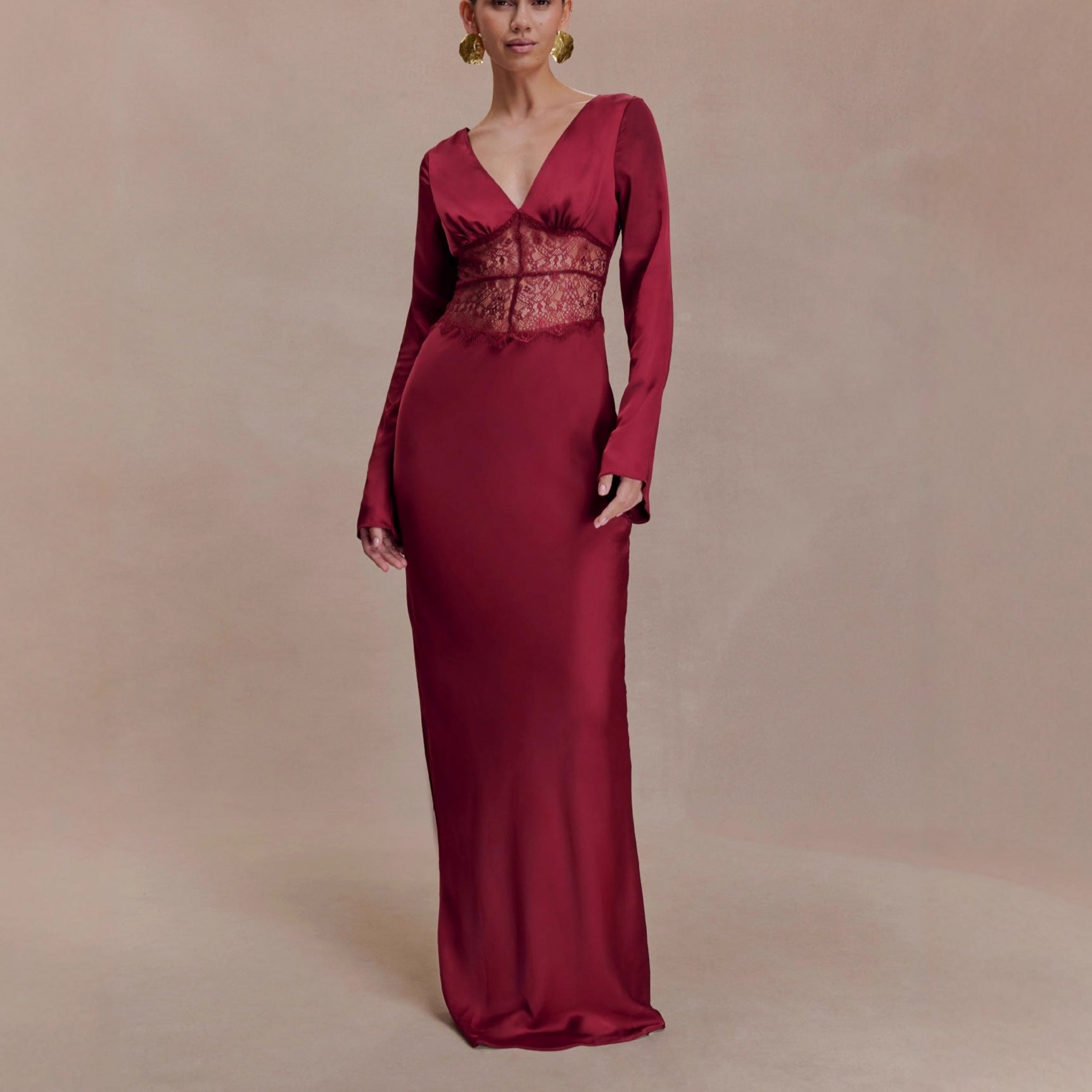 Lace splicing V-neck satin hip-wrapped dress Slim-fitting hollow sexy dress