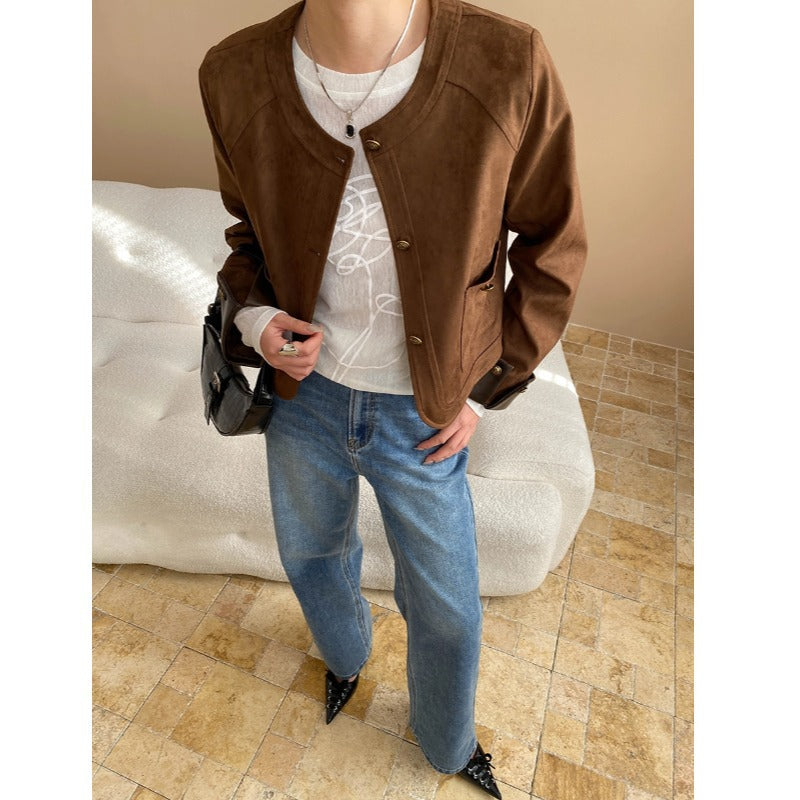 Vintage temperament imitation suede crew neck gold buckle jacket small man