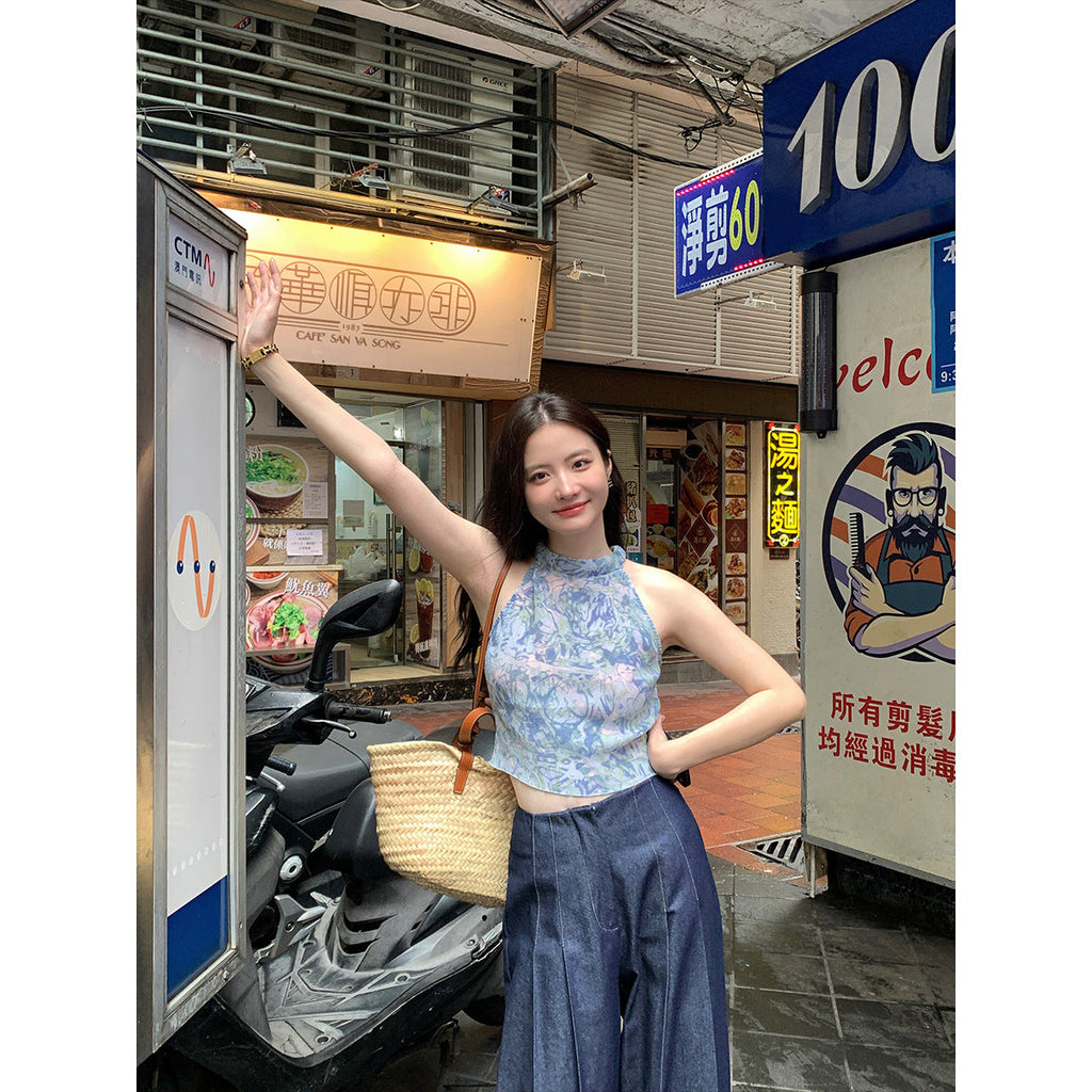French Floral Halter Neck Slim Chiffon Vest