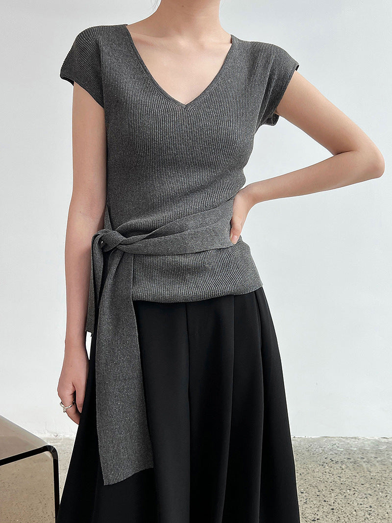 French V-neck knitted short-sleeved T women's summer new basic commuter versatile slim stretch top