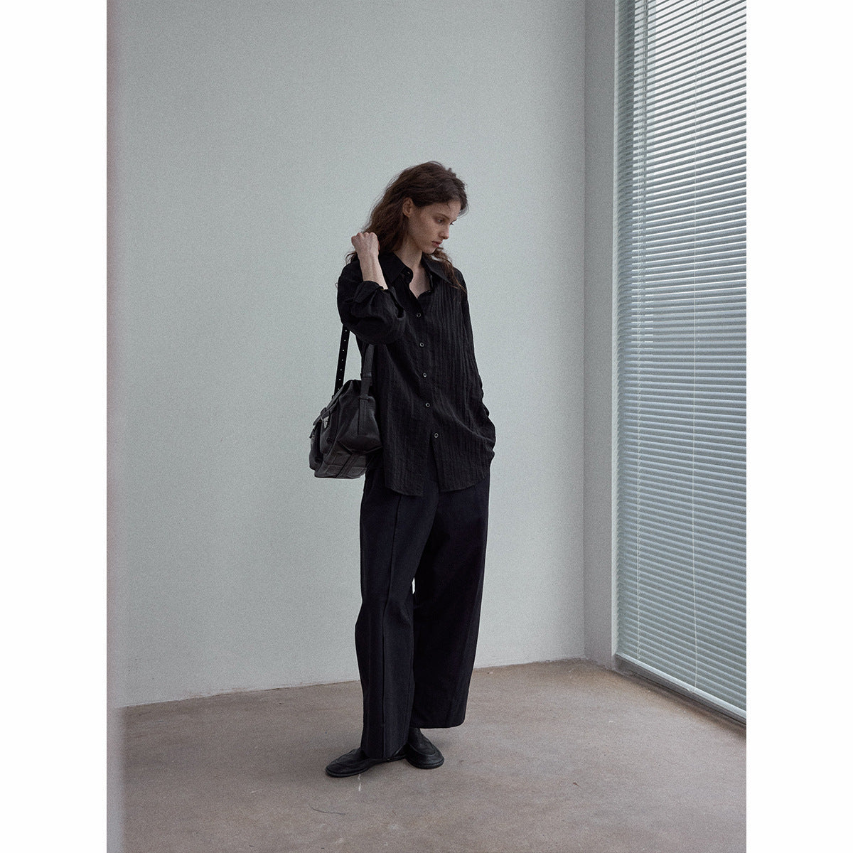 High-quality human silk natural fiber slightly wrinkled light-sensitive simple commuting classic long-sleeved shirt